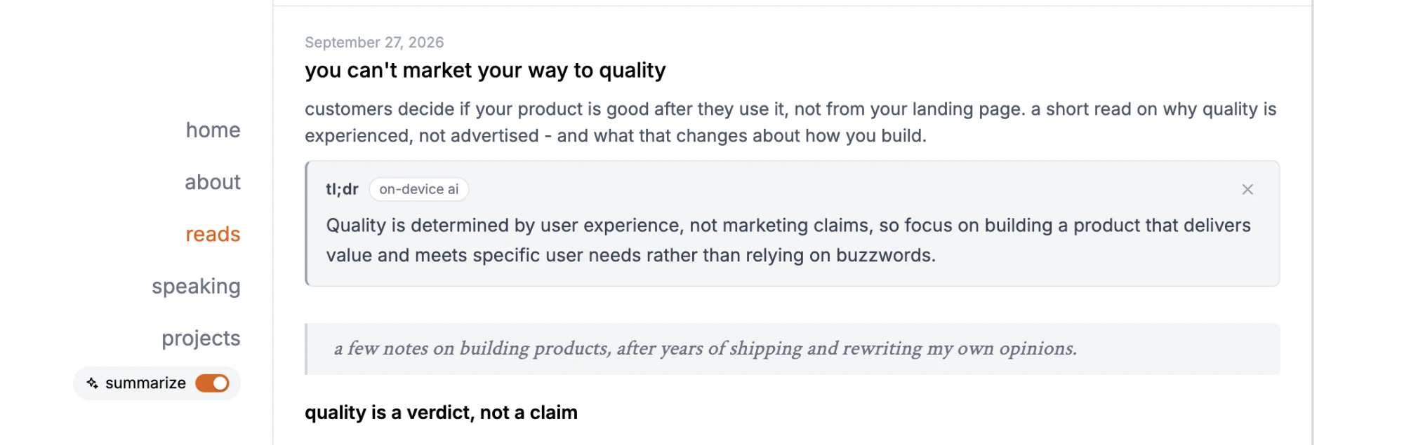 a read on this blog with the summarize toggle on, showing a tl;dr panel with an on-device ai badge above the article